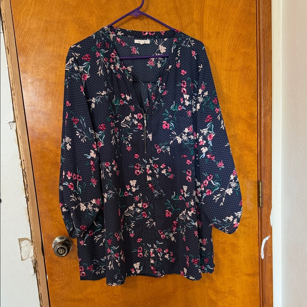Maurices Floral Blouse in Dark Blue and Pink